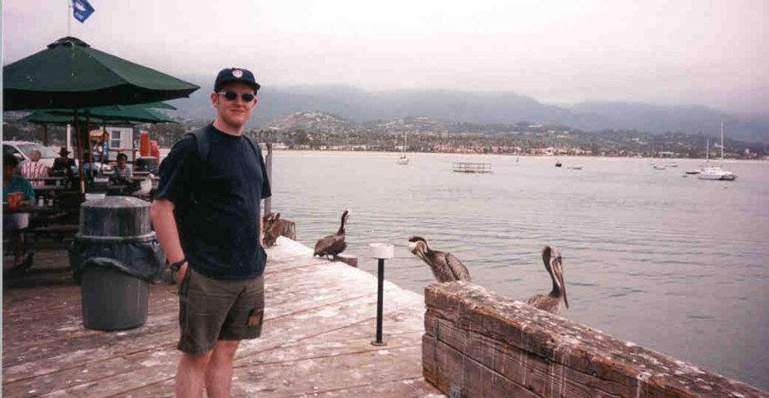 Colm meets the pelicans in Santa Barbara, California ... Click here to return to this photo's thumbnail in the Travel Photo Index