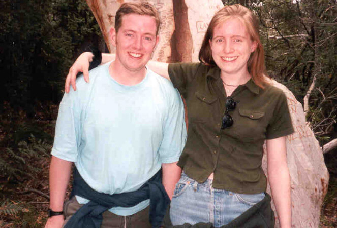 Colm, me and a scribbly gum on Fraser Island, Australia ... Click here to return to this photo's thumbnail in the Travel Photo Index